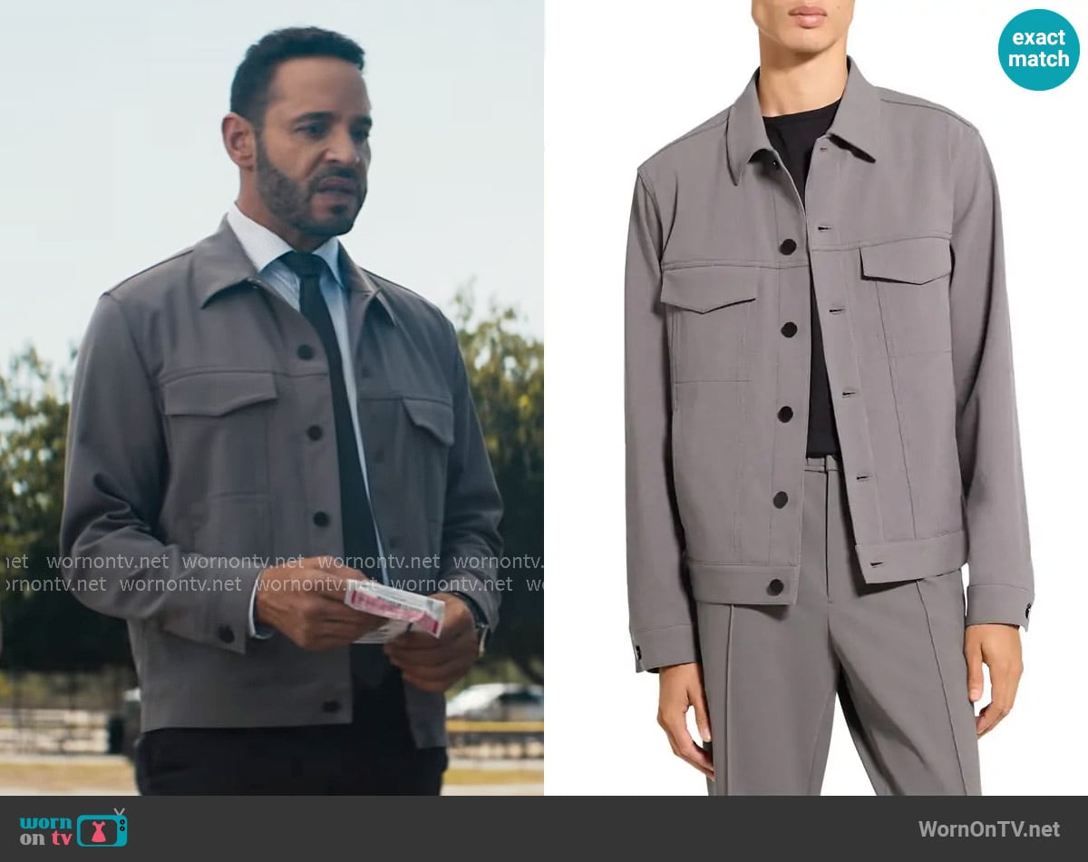 Theory River Cotton Blend Twill Trucker Jacket in Carbon Bax worn by Adam Karadec (Daniel Sunjata) on High Potential
