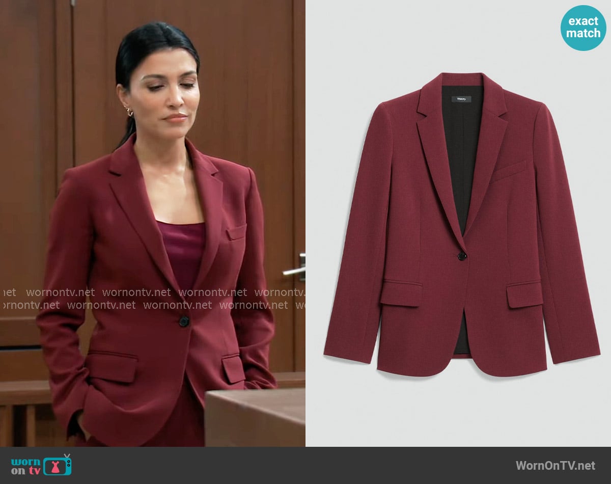 Theory Staple Blazer in Admiral Crepe in Grenache worn by Justine Turner (Nazneen Contractor) on General Hospital