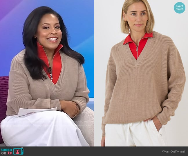 Tibi Cardigan Stitch V-Neck With Removable Dickie in Latte worn by Sheinelle Jones on Today