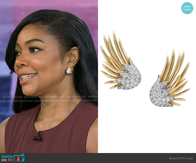 Tiffany Schlumberger 18k Gold Platinum Diamond Flame Earrings worn by Gabrielle Union on Today