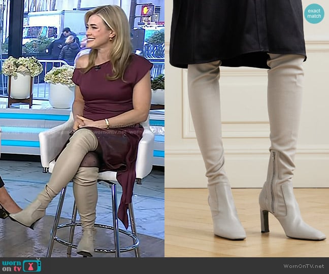 Toteme Leather Over-the-knee Boots in Light gray worn by Melissa Roxburgh on Today