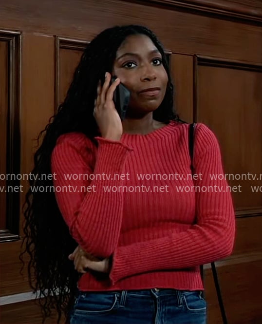 Trina’s dark pink ribbed sweater on General Hospital