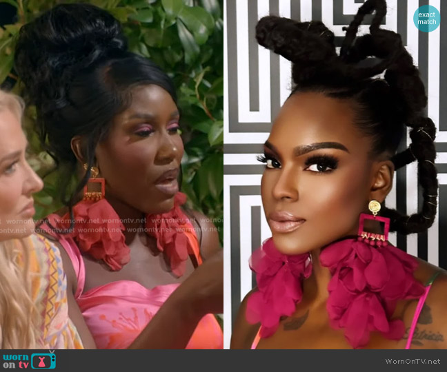 Truface by Grace Nonso Square Top Flower Petal Earrings in Coral worn by Bozoma Saint John on The Real Housewives of Beverly Hills