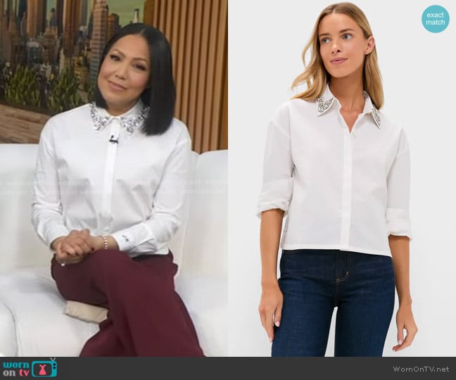 Tuckernuck Embellished Cropped Jasper Button Down in Milky White worn by Stephanie Ramos on Good Morning America