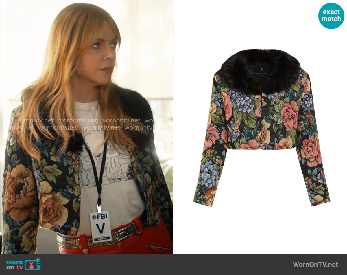 Unreal Fur Monarch floral-print cropped jacket worn by Morgan Gillory (Kaitlin Olson) on High Potential