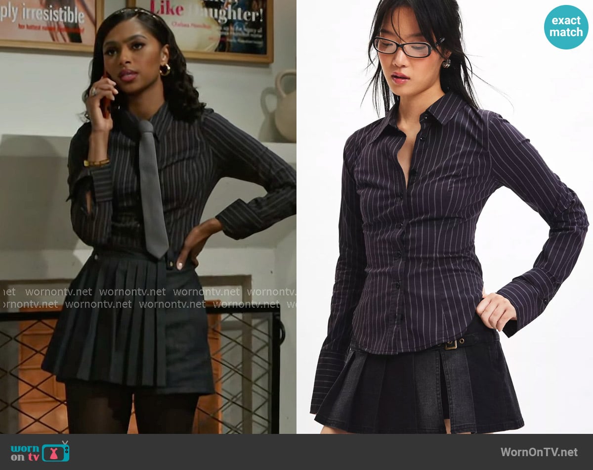 Urban Outfitters Leilani Slim Button Up Shirt in Black Stripe worn by Kat Richardson (Colby Muhammad) on Beyond the Gates