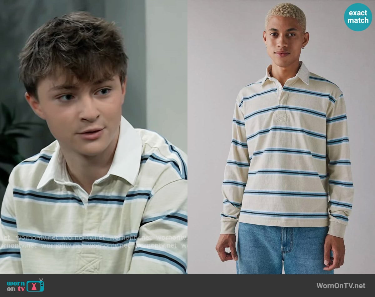Urban Outfitters Striped Long Sleeve Rugby Tee worn by Danny Morgan (Asher Jared Antonyzyn) on General Hospital