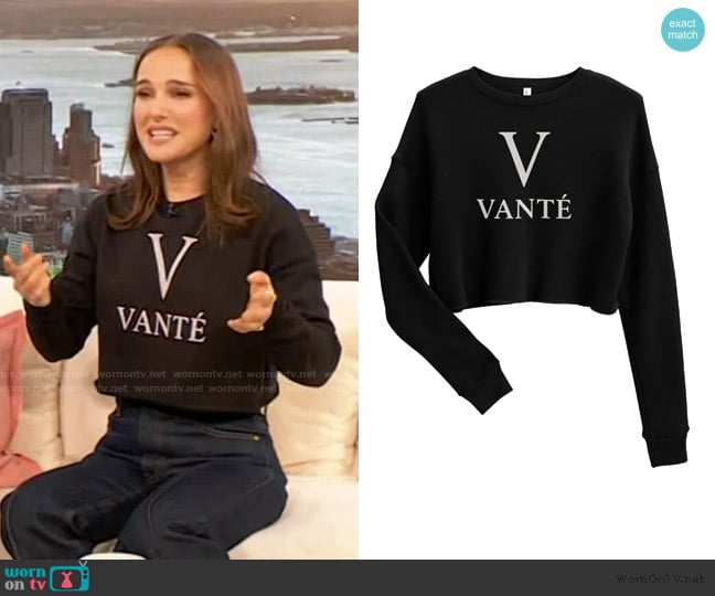Natalie Portman’s black Vante sweatshirt on The Drew Barrymore Show