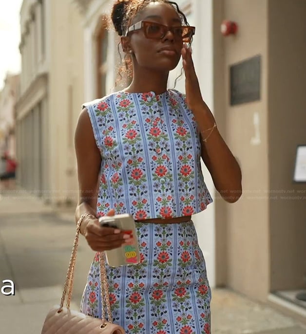Venita's blue floral print top and skirt on Southern Charm