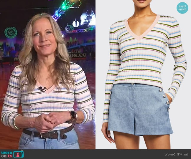 Veronica Beard Amada Striped V-Neck Pullover worn by Becky Worley on Good Morning America