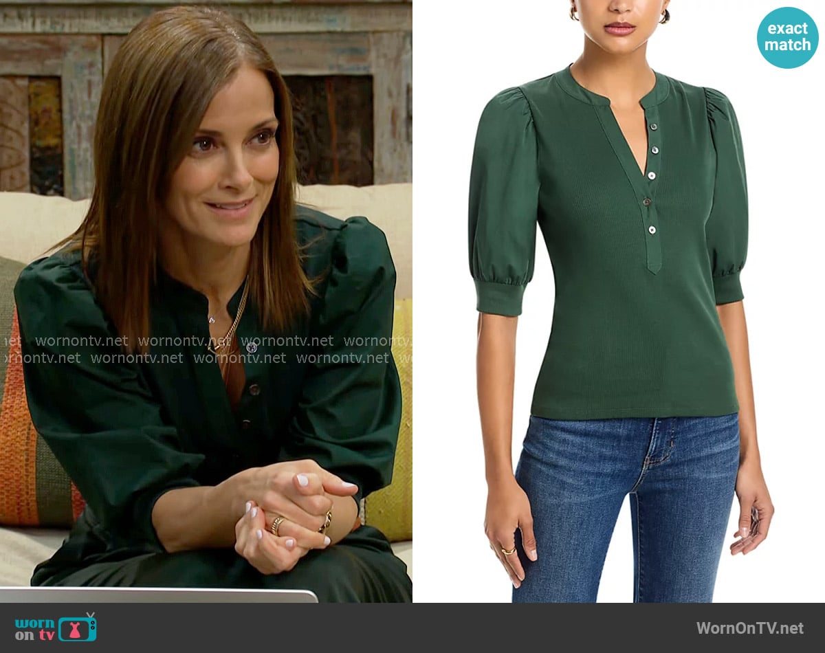 Taylor’s green puff-sleeve top on The Bold and the Beautiful Taylor’s green puff-sleeve top on The Bold and the Beautiful