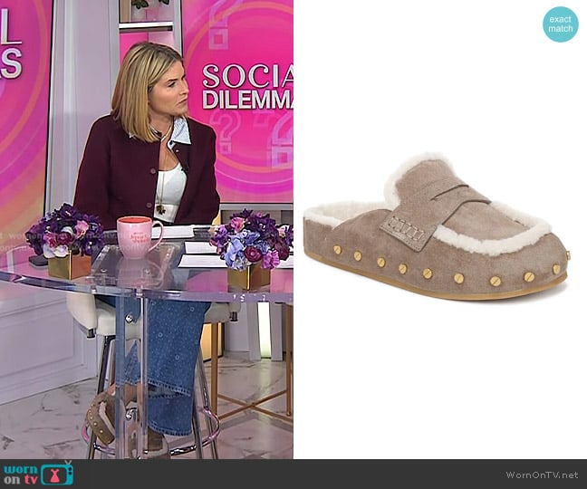 Veronica Beard Fenix Genuine Shearling Mule in Bark Ecru worn by Jenna Bush Hager on Today