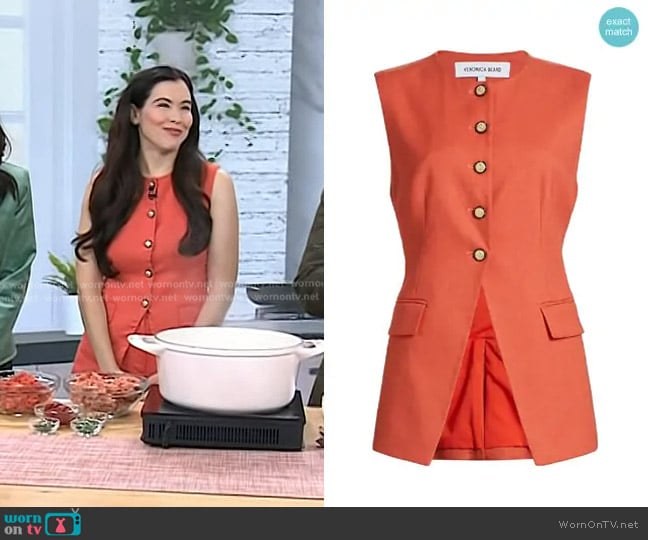 Veronica Beard Lois Linen-Blend Button-Front Vest in Persimmion worn by Ali Rosen on Today