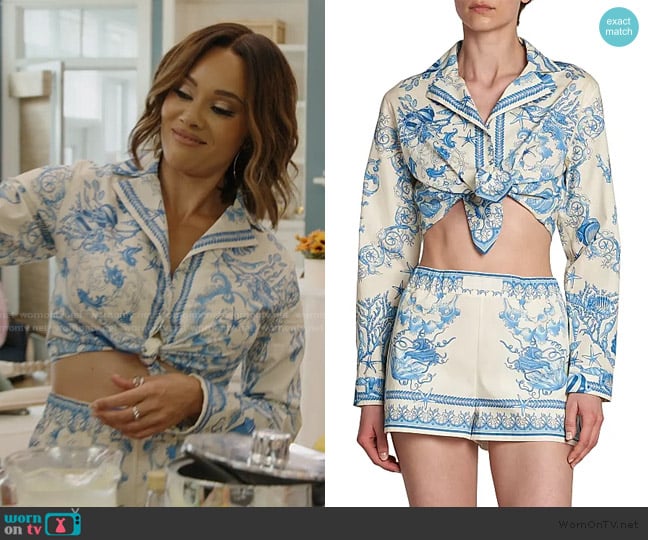 Versace Baroque Cotton Poplin Crop Long-Sleeve Shirt worn by Ashley Darby on The Real Housewives of Potomac