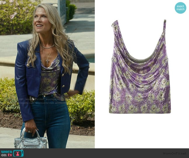 Versace Mesh draped-neck top worn by Angela Norris (Ali Larter) on Landman
