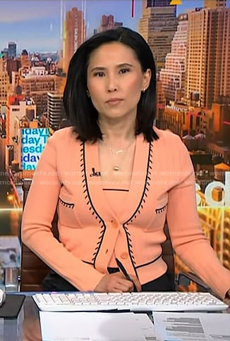Vicky’s pink contrast trim top and cardigan on NBC News Daily