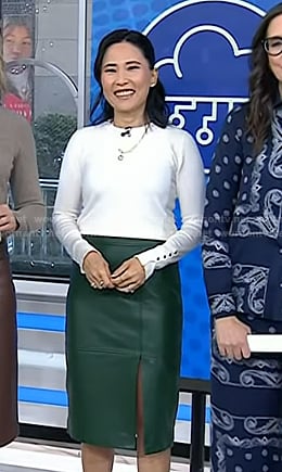 Vicky’s white button cuff sweater and green leather skirt on Today