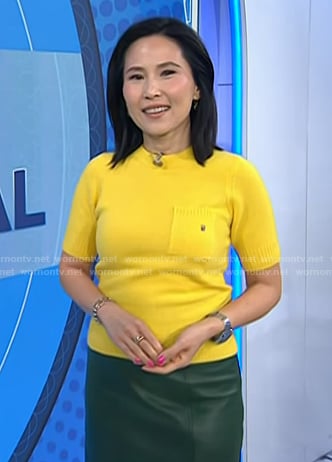 Vicky's yellow sweater and green leather skirt on Today