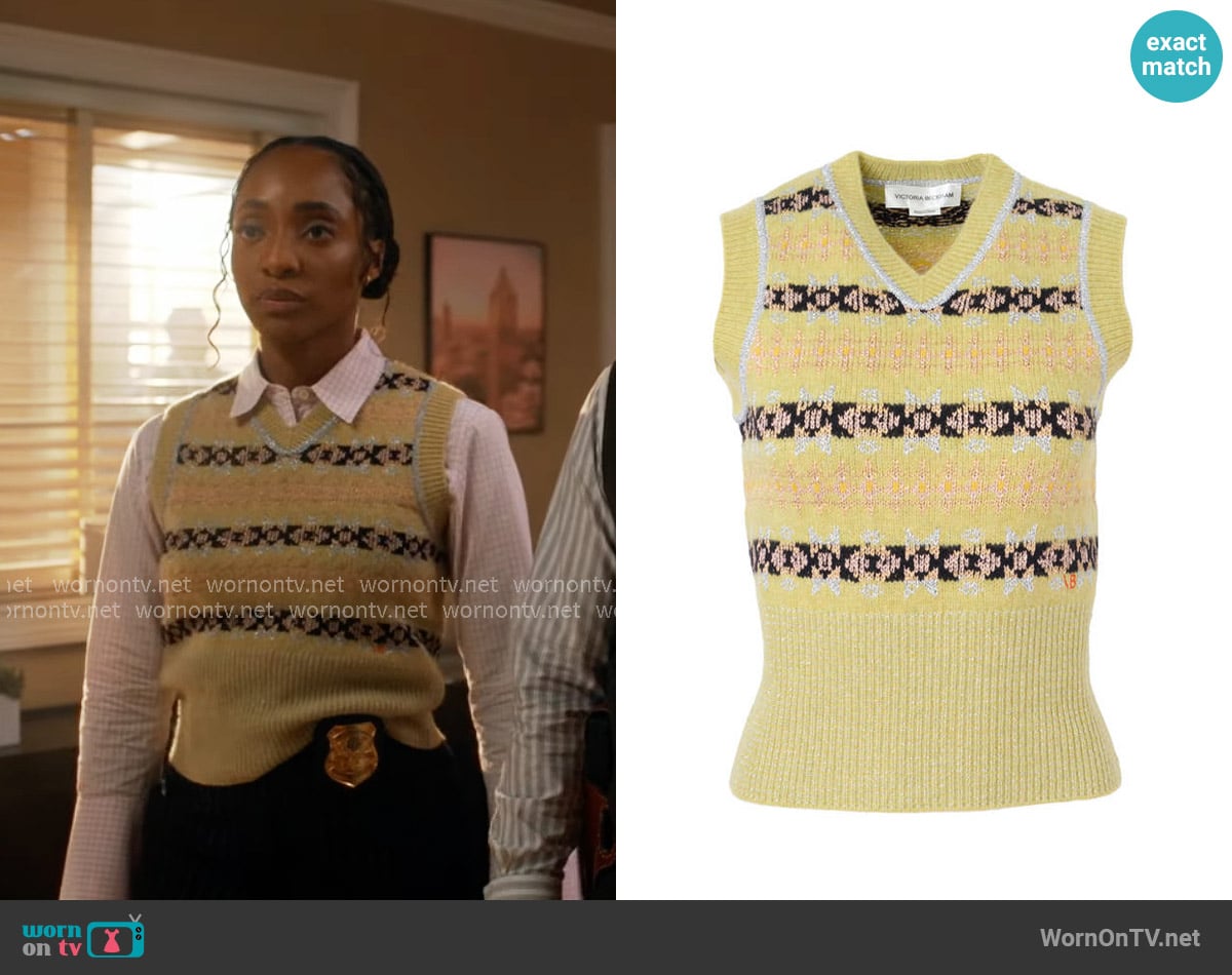 Victoria Beckham V-Neck Tank in Lime Fair Isle worn by Faith Mitchell (Iantha Richardson) on Will Trent