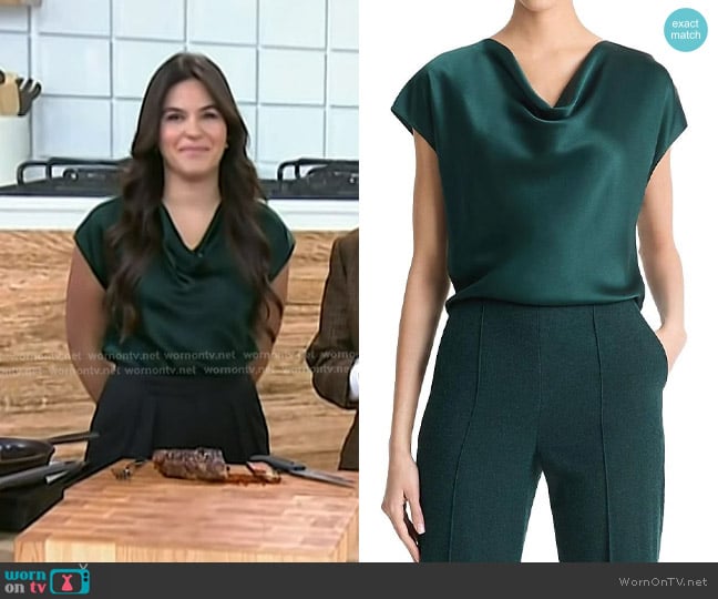 Vince Cowl Neck Blouse in Juniper worn by Elena Besser on Today
