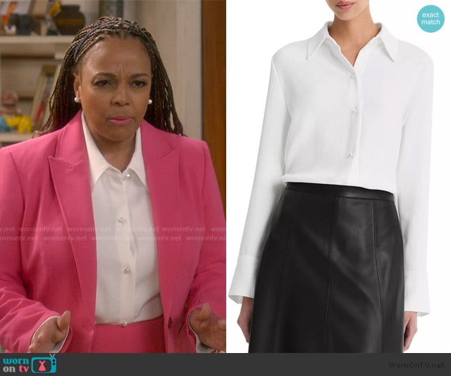 Vince Long Sleeve Pearl Button Blouse worn by Regina Upshaw (Kim Fields) on The Upshaws