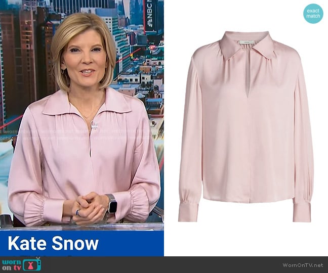 Vince Smocked Silk-Blend Long-Sleeve Blouse in Balletto worn by Kate Snow on NBC News Daily