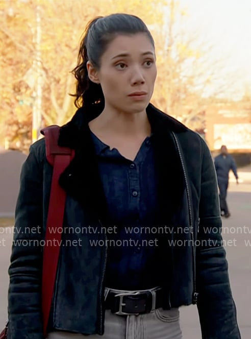 Violet’s navy shearling lined moto jacket on Chicago Fire