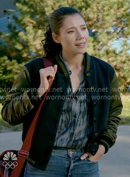 Violet’s tie-dye shirt and navy and green bomber jacket on Chicago Fire
