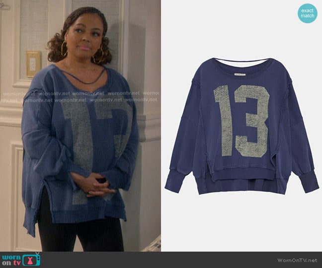 We The Free Graphic Camden Sweatshirt Navy Combo 13 worn by Regina Upshaw (Kim Fields) on The Upshaws