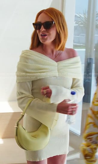 Whitney’s yellow off-shoulder knit dress on The Real Housewives of Salt Lake City