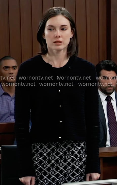 Willow’s geometric print dress and knit cardigan on General Hospital