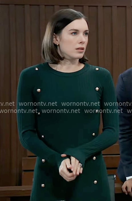 Willow's green dress with gold button studs on General Hospital