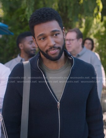 Winston's navy waffle knit zip sweater on Greys Anatomy