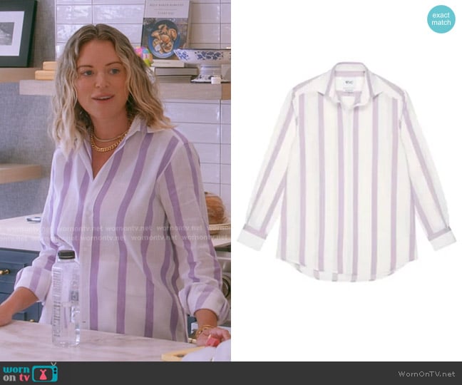 With Nothing Underneath Stripe Cotton Linen Mix Shirt worn by Amanda Frances on The Real Housewives of Beverly Hills