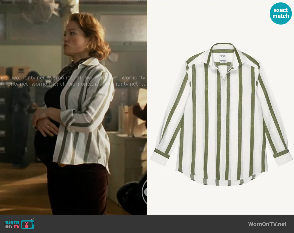 Angie’s white shirt with green stripes on Will Trent Angie’s white shirt with green stripes on Will Trent