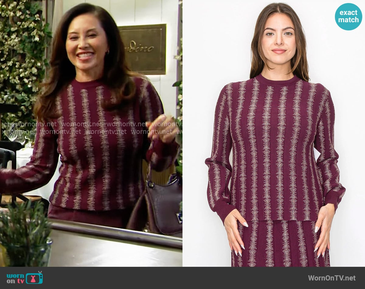 YAL Burgundy Top with Shimmering Stripe Details worn by Li Finnegan (Naomi Matsuda) on The Bold and the Beautiful