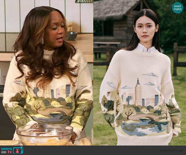Yitai Central Park Embroidery Sweater worn by Sunny Anderson on The Drew Barrymore Show