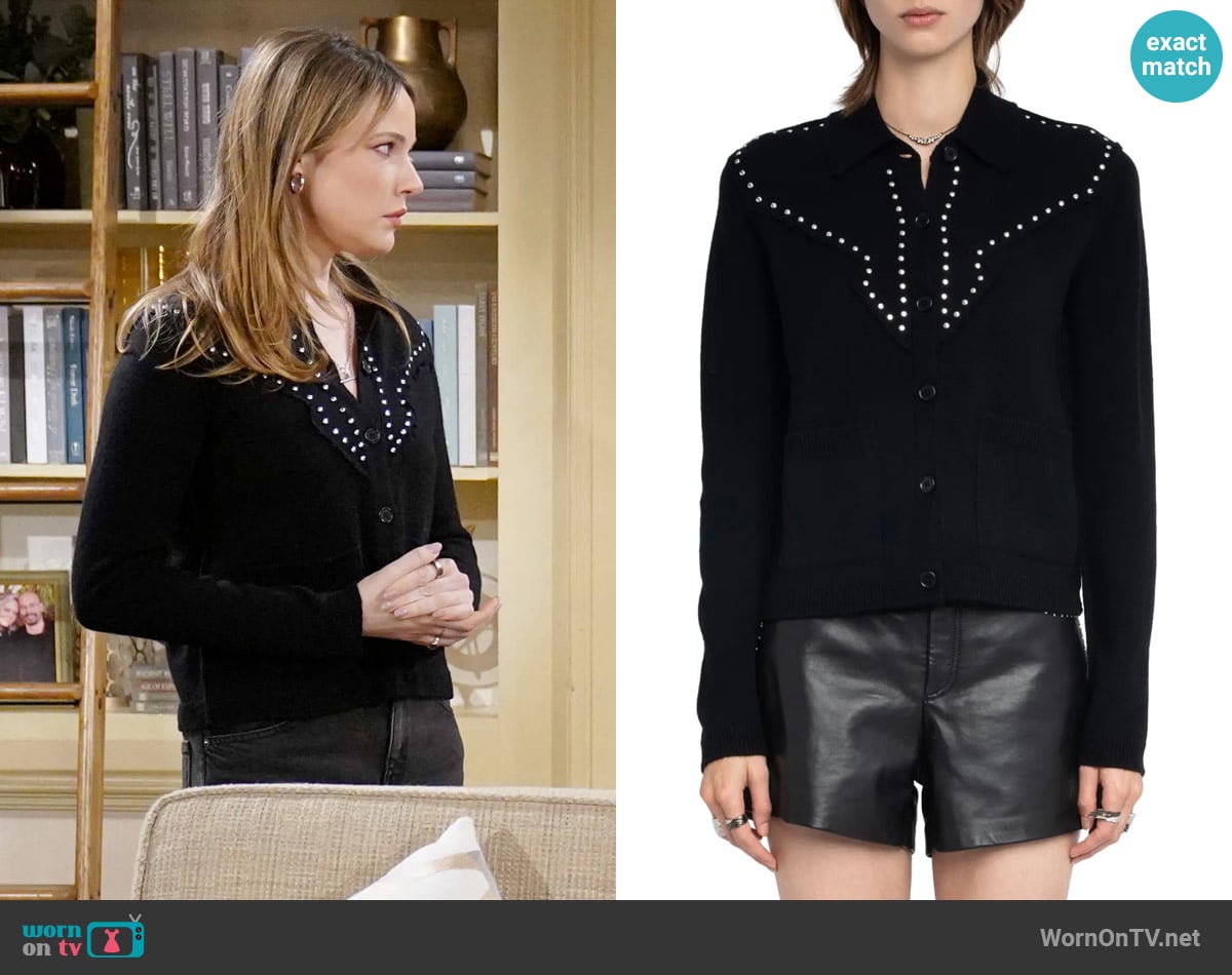 Zadig and Voltaire Adany Stud Detail Cardigan worn by Sharon Newman (Sharon Case) on The Young and the Restless