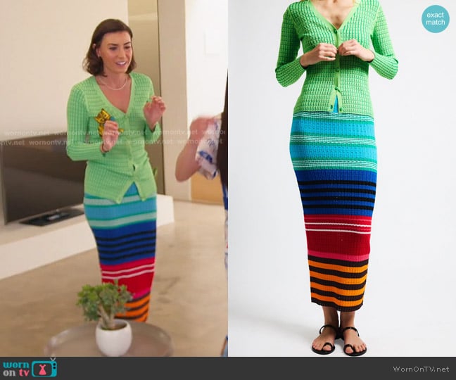 Zankov Elise V-Neck Pointelle Knit Cardigan and Edith Skirt worn by Bronwyn Newport on The Real Housewives of Salt Lake City