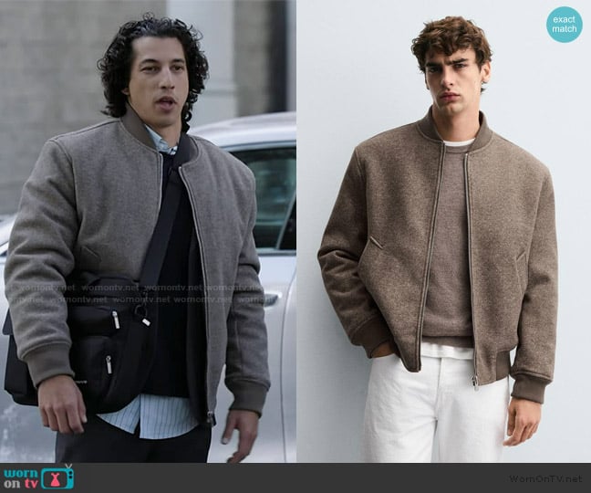 Simon’s beige knit bomber jacket on Abbott Elementary