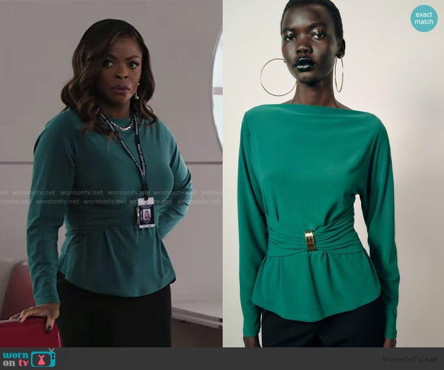 Ava’s green gathered front top on Abbott Elementary