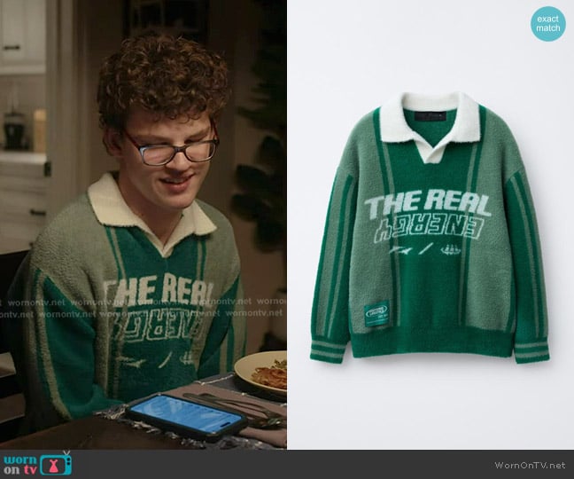 Zara Faux Fur Knit Polo Sweater with Text worn by Christopher Diaz (avin McHugh) on 9-1-1