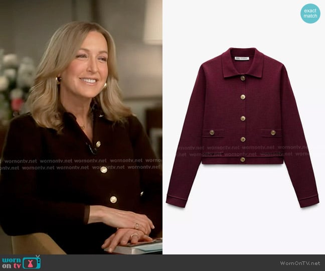 Zara Knit Cardigan with Pocket in Burgundy worn by Lara Spencer on Good Morning America