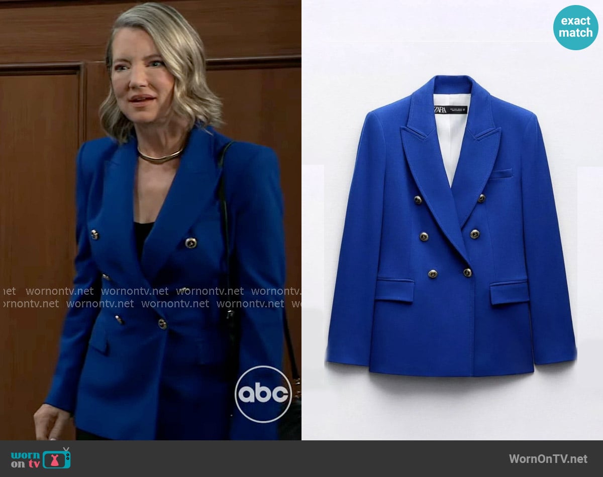 Zara Tailored Double Breasted Blazer in Bluish worn by Nina Reeves (Cynthia Watros) on General Hospital