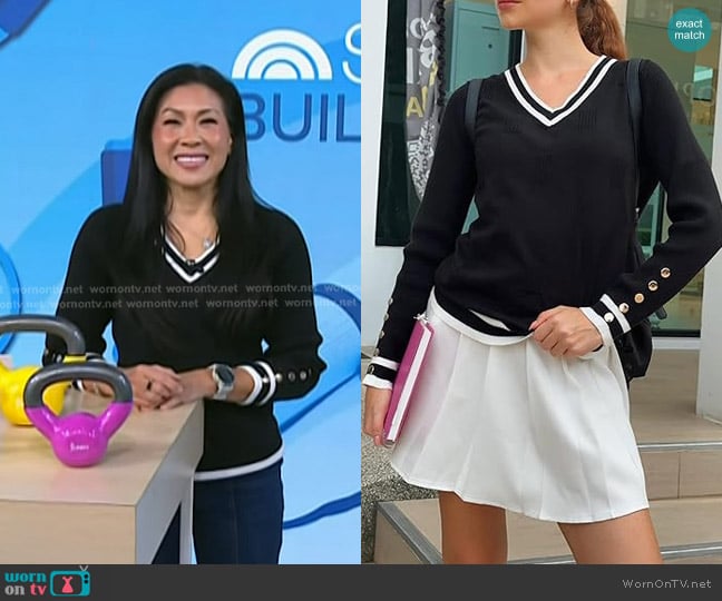 Zeagoo at Amazon V Neck Sweater in Black-white worn by Karena Wu on Today