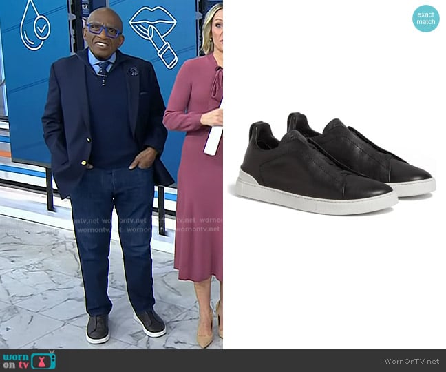 Zegna Triple Stitch Secondskin Leather Slip-On Sneakers in Black worn by Al Roker on Today