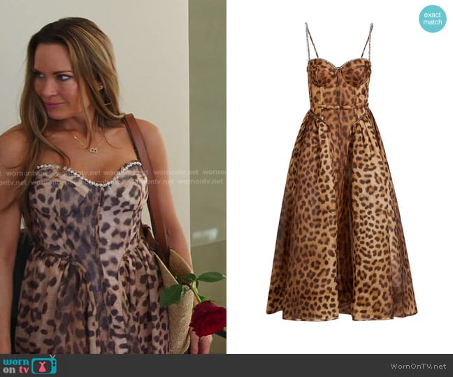 Zimmermann Crush Leopard Paneled Midi-Dress worn by Britani Bateman on The Real Housewives of Salt Lake City