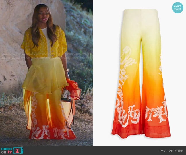 Zimmermann Embroidered Dégradé Linen And Silk-Blend Flared Pants worn by Mary Cosby on The Real Housewives of Salt Lake City