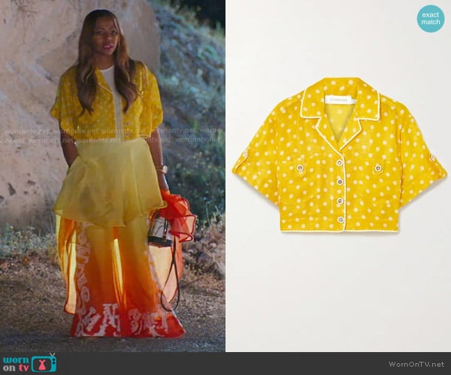 Zimmermann High Tide Cropped Polka-dot Shirt worn by Mary Cosby on The Real Housewives of Salt Lake City