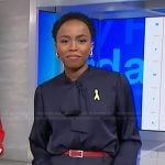 Zinhle’s navy tie neck blouse on NBC News Daily